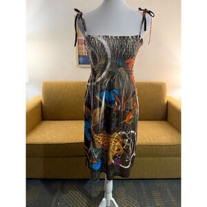 Tiki Palm Womens Y2K Koi Fish Peace Graphic Smocked Mini Dress Brown Medium